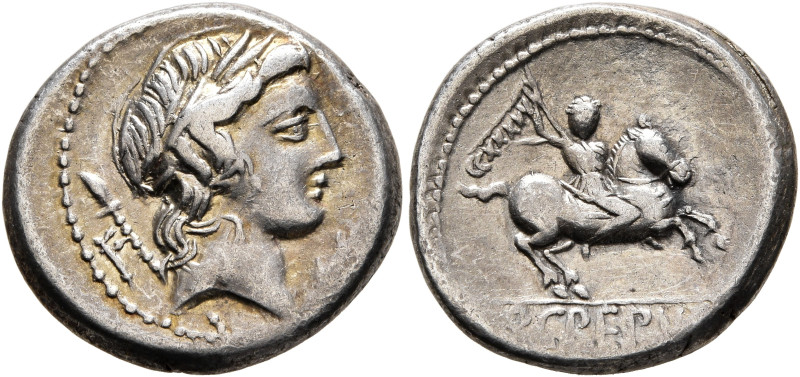 Pub. Crepusius, 82 BC. Denarius (Silver, 18 mm, 3.85 g, 1 h), Rome. Laureate hea...