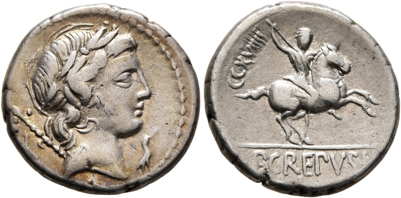 Pub. Crepusius, 82 BC. Denarius (Silver, 16 mm, 4.00 g, 4 h), Rome. Laureate hea...