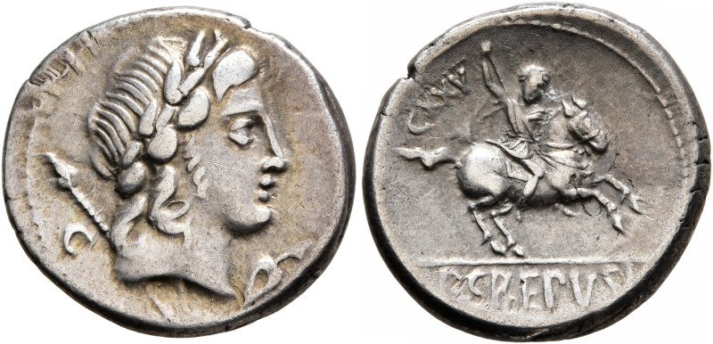 Pub. Crepusius, 82 BC. Denarius (Silver, 18 mm, 3.79 g, 12 h), Rome. Laureate he...