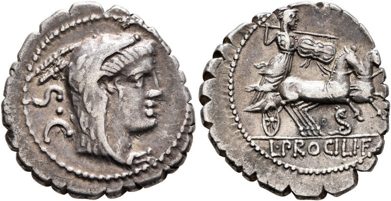 L. Procilius, 80 BC. Denarius (Silver, 19 mm, 4.00 g, 7 h), Rome. Head of Juno S...