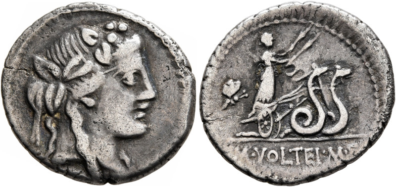 M. Volteius M.f, 78 BC. Denarius (Silver, 19 mm, 3.63 g, 6 h), Rome. Head of Lib...