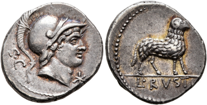 L. Rustius, 74 BC. Denarius (Silver, 19 mm, 3.95 g, 6 h), Rome. S•C Helmeted hea...