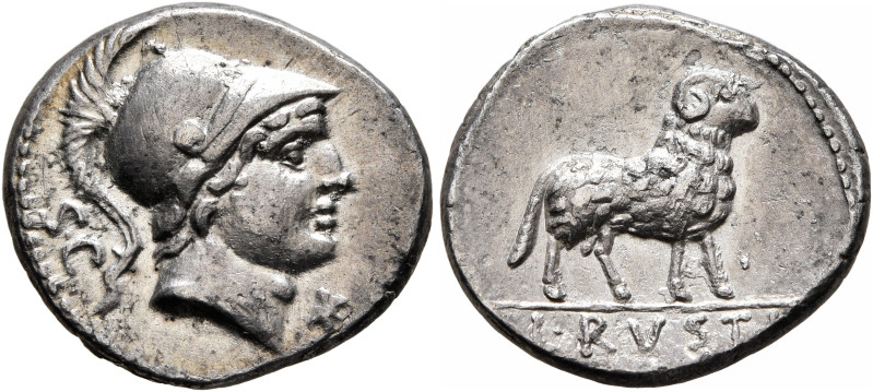 L. Rustius, 74 BC. Denarius (Silver, 18 mm, 3.31 g, 6 h), Rome. S•C Helmeted hea...