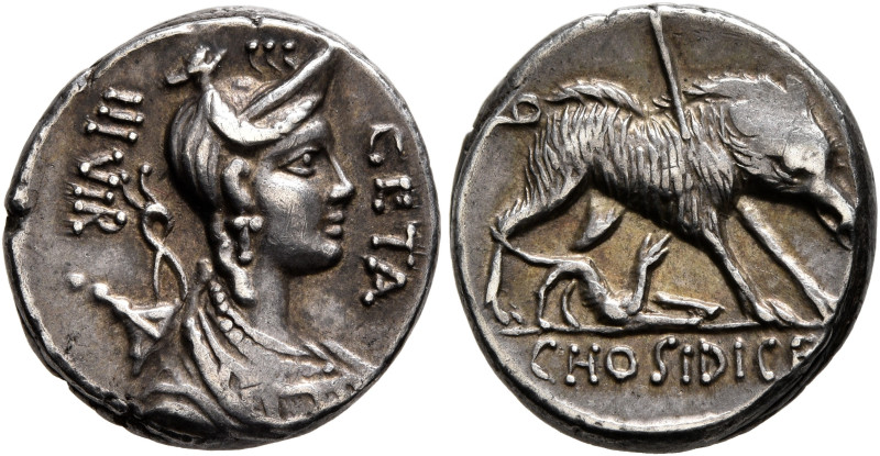 C. Hosidius C.f. Geta, 64 BC. Denarius (Silver, 16 mm, 3.99 g, 6 h), Rome. GETA ...