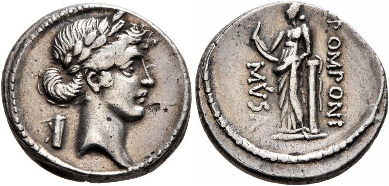 Q. Pomponius Musa, 56 BC. Denarius (Silver, 18 mm, 3.86 g, 5 h), Rome. Laureate ...