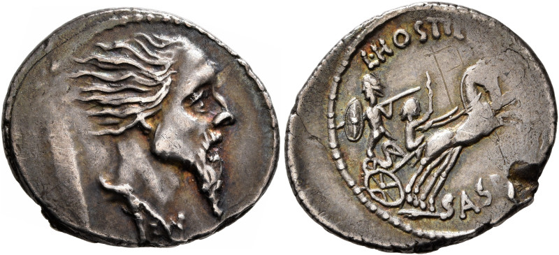 L. Hostilius Saserna, 48 BC. Denarius (Silver, 20 mm, 3.52 g, 12 h), Rome. Drape...