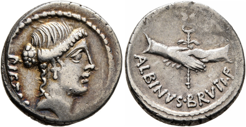 Albinus Bruti f, 48 BC. Denarius (Silver, 19 mm, 3.94 g, 6 h), Rome. PIETAS Head...