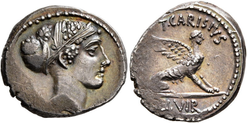 T. Carisius, 46 BC. Denarius (Silver, 18 mm, 3.86 g, 9 h), Rome. Head of the Sib...