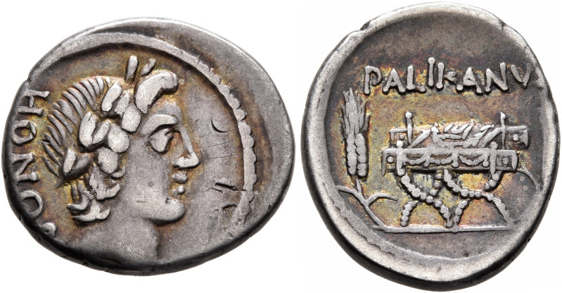 Lollius Palicanus, 45 BC. Denarius (Silver, 18 mm, 3.74 g, 3 h), Rome. HONORIS L...