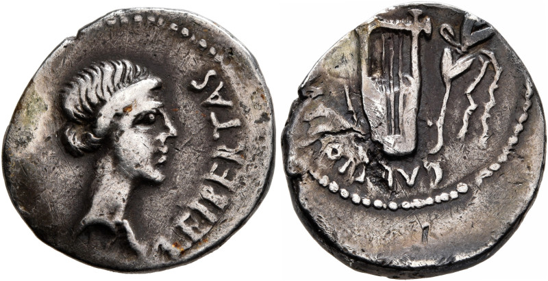 Brutus, † 42 BC. Denarius (Silver, 18 mm, 3.57 g, 3 h), mint moving with Brutus ...