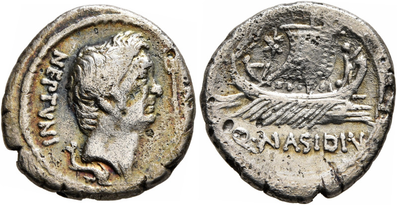 Sextus Pompey, † 35 BC. Denarius (Silver, 18 mm, 3.67 g, 11 h), Q. Nasidius, com...