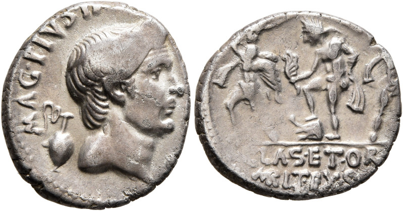 Sextus Pompey, † 35 BC. Denarius (Silver, 18 mm, 3.83 g, 3 h), military mint in ...