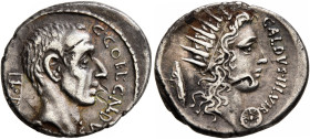 C. Coelius Caldus, 53 BC. Denarius (Silver, 19 mm, 3.82 g, 6 h), Rome. C•COEL•CALDVS / COS Bare head of the consul C. Coelius Caldus to right; to left...