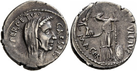 Julius Caesar, 49-44 BC. Denarius (Silver, 17 mm, 3.53 g, 4 h), with P. Sepullius Macer, Rome, first half of March 44. CAESAR [DIC]T PERPETVO Laureate...