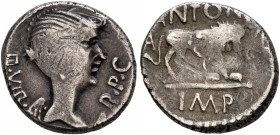 Mark Antony, 44-30 BC. Quinarius (Silver, 12 mm, 1.67 g, 5 h), Lugdunum, early 42 BC. III•VIR•R•P•C Winged bust of Victory to right, with the likeness...