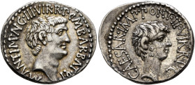 Mark Antony and Octavian. Denarius (Silver, 20 mm, 3.86 g, 12 h), with M. Barbatius, Ephesus (?), 41 BC. M•ANT•IMP•AVG•III•VIR•R•P•C•M•BARBAT•Q•P Bare...