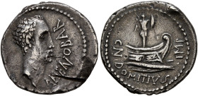 Cn. Domitius L.f. Ahenobarbus, 41-40 BC. Denarius (Silver, 18 mm, 3.61 g, 6 h), uncertain mint moving with Ahenobarbus along the Adriatic or Ionian Se...