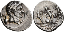 Sextus Pompey, † 35 BC. Denarius (Silver, 18 mm, 3.89 g, 9 h), military mint in Sicily, 37-36. [MAG PIVS IMP ITER] Bare head of Cn. Pompeius Magnus to...