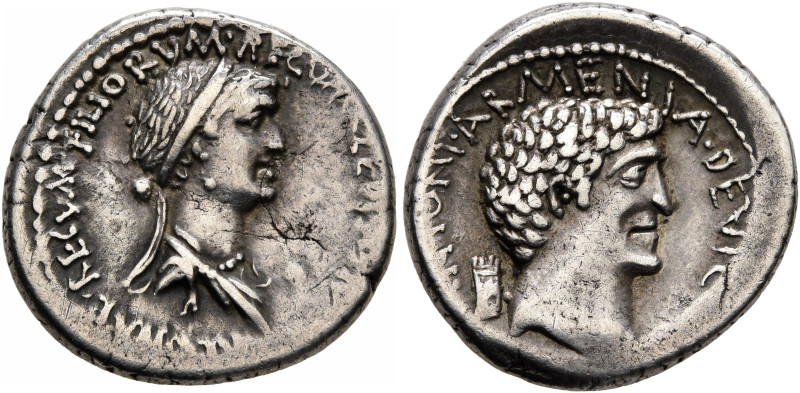 Mark Antony and Cleopatra. Denarius (Silver, 18 mm, 3.77 g, 1 h), Alexandria, 32...