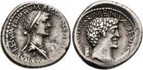 Mark Antony and Cleopatra. Denarius (Silver, 18 mm, 3.77 g, 1 h), Alexandria, 32 BC. CLEOPA[TRAE] REGINAE•REGVM•FILIORVM•REGVM Diademed and draped bus...