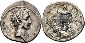 Octavian, 44-27 BC. Denarius (Silver, 19 mm, 3.48 g, 9 h), uncertain Italian mint (Rome?), autumn 30-summer 29. Bare head of Octavian to right. Rev. I...