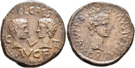 SPAIN. Tarraco. Augustus, with Caius and Lucius, 27 BC-AD 14. 'As' (Bronze, 24 mm, 9.31 g, 3 h), 2 BC-AD 4. IMP CAES AVG TR POT PON MAX P P Laureate h...