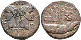 Augustus, with Agrippa, 27 BC-AD 14. Dupondius (Orichalcum, 25 mm, 13.56 g, 6 h), Nemausus, circa 10-14. IMP / P - P / DIVI F Heads of Agrippa, on the...