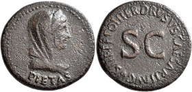 Julia Augusta (Livia), Augusta, 14-29. Dupondius (Orichalcum, 28 mm, 12.57 g, 12 h), struck under Tiberius, Rome, 22-23. PIETAS Veiled, diademed, and ...