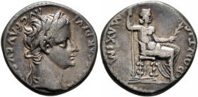 Tiberius, 14-37. Denarius (Silver, 12 mm, 3.51 g, 12 h), Lugdunum, 15-18. TI CAESAR DIVI AVG F AVGVSTVS Laureate head of Tiberius to right. Rev. PONTI...