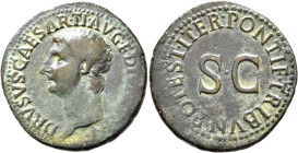 Drusus, died 23. As (Copper, 30 mm, 10.00 g, 12 h), Rome, struck under Tiberius, 22-23. DRVSVS CAESAR•TI•AVG•F•DIVI[•AVG•N] Bare head of Drusus to lef...