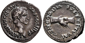Nerva, 96-98. Denarius (Silver, 18 mm, 2.88 g, 6 h), Rome, 97. IMP NERVA CAES AVG P M TR P COS III P P Laureate head of Nerva to right. Rev. CONCORDIA...