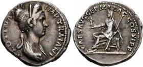 Plotina, Augusta, 105-123. Denarius (Silver, 18 mm, 3.44 g, 7 h), Rome, circa 112-114. PLOTINA AVG IMP TRAIANI Draped bust of Plotina to right, wearin...