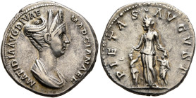 Matidia, Augusta, 112-119. Denarius (Silver, 19 mm, 3.51 g, 7 h), Rome, 112-117. MATIDIA AVG DIVAE MARCIANAE F Draped bust of Matidia to right, wearin...