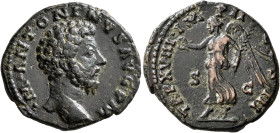 Marcus Aurelius, 161-180. As (Bronze, 26 mm, 9.77 g, 12 h), Rome, 164. •M•ANTONINVS AVG P M Bare head of Marcus Aurelius to right. Rev. TR P XVIII•IMP...