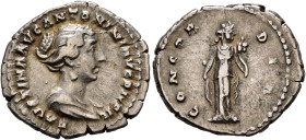 Faustina Junior, Augusta, 147-175. Denarius (Silver, 20 mm, 3.22 g, 7 h), Rome. FAVSTINA AVG ANTONINI AVG PII FIL Draped bust of Faustina Junior to ri...