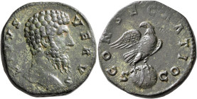 Divus Lucius Verus, died 169. Sestertius (Orichalcum, 30 mm, 24.67 g, 6 h), Rome, 169. DIVVS VERVS Bare head of Divus Lucius Verus to right. Rev. CONS...