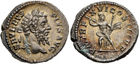 Septimius Severus, 193-211. Denarius (Silver, 20 mm, 3.53 g, 6 h), Rome, 208. SEVERVS PIVS AVG Laureate head of Septimius Severus to right. Rev. P M T...