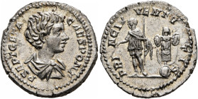 Geta, as Caesar, 198-209. Denarius (Silver, 19 mm, 3.43 g, 12 h), Rome, 201-202. P SEPT GETA CAES PONT Bare-headed and draped bust of Geta to right, s...