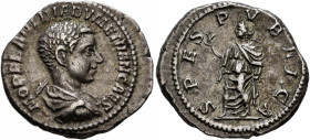 Diadumenian, as Caesar, 217-218. Denarius (Silver, 19 mm, 3.58 g, 12 h), Rome, March-June 218. M OPEL ANT DIADVMENIAN CAES Bare-headed, draped and cui...