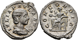 Julia Paula, Augusta, 219-220. Denarius (Silver, 20 mm, 2.33 g, 6 h), Rome, 220. IVLIA PAVLA AVG Draped bust of Julia Paula to right. Rev. CONCORDIA C...