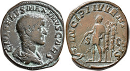 Maximus, Caesar, 235/6-238. Sestertius (Orichalcum, 30 mm, 23.59 g, 12 h), Rome, 236. C IVL VERVS MAXIMVS CAES Bare-headed and draped bust of Maximus ...