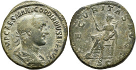 Gordian I, 238. Sestertius (Orichalcum, 30 mm, 20.09 g, 12 h), Rome, March-April 238. IMP CAES M ANT GORDIANVS AFR AVG Laureate, draped and cuirassed ...