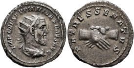 Pupienus, 238. Antoninianus (Silver, 22 mm, 5.27 g, 12 h), Rome, circa April-June 238. IMP CAES PVPIEN MAXIMVS AVG Radiate, draped and cuirassed bust ...
