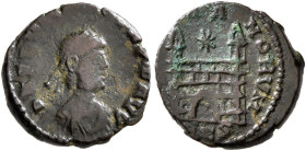 Flavius Victor, 387-388. Nummus (Bronze, 12 mm, 1.21 g, 6 h), Lugdunum. D N FL VIC-TOR P F AVG Pearl-diademed, draped and cuirassed bust of Flavius Vi...
