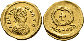 Aelia Eudocia, Augusta, 423-460. Tremissis (Gold, 14 mm, 1.43 g, 1 h), Constantinopolis, circa 420-450/3. AEL EVDO-CIA AVG Pearl-diademed and draped b...