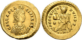 Galla Placidia, Augusta, 421-450. Solidus (Gold, 21 mm, 4.48 g, 6 h), Constantinopolis, circa 443-450. GALLA PLA-CIDIA AVG Pearl-diademed and draped b...