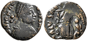 Johannes, usurper, 423-425. Nummus (Bronze, 12 mm, 1.00 g, 6 h), Rome. D N IOHAN-NES P F AVG Pearl-diademed, draped and cuirassed bust of Johannes to ...