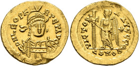 Leo I, 457-474. Solidus (Gold, 20 mm, 4.50 g, 6 h), Constantinopolis, circa 457-468. D N LEO PE-RPET AVG Helmeted, pearl-diademed and cuirassed bust o...