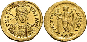 Zeno, second reign, 476-491. Solidus (Gold, 19 mm, 4.46 g, 6 h), Constantinopolis. D N ZENO - PERP AVG Helmeted, pearl-diademed and cuirassed bust of ...