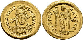 Basiliscus, 475-476. Solidus (Gold, 21 mm, 4.52 g, 6 h), Constantinopolis. D N bASILIS-CЧS P P AVG Helmeted, pearl-diademed and cuirassed bust of Basi...